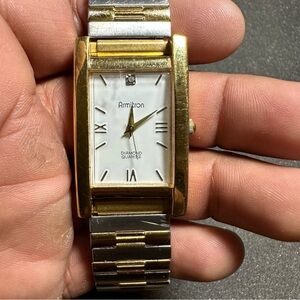 Armitron Diamond Quartz Tank Style Mens Watch Gold Tone White Dial 20/2682 Works